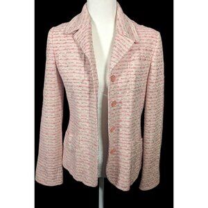 Vintage Textured Pink And White Woven Button Front Blazer